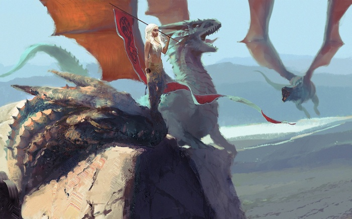 Daenerys Targaryen riding a dragon with other dragons flying