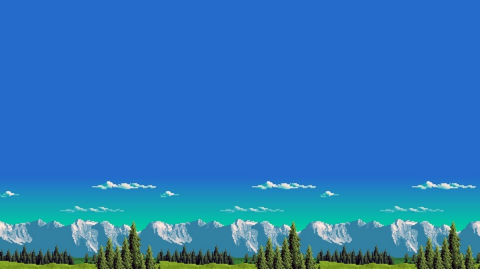 Retro 8-bit pixel art mountains and trees