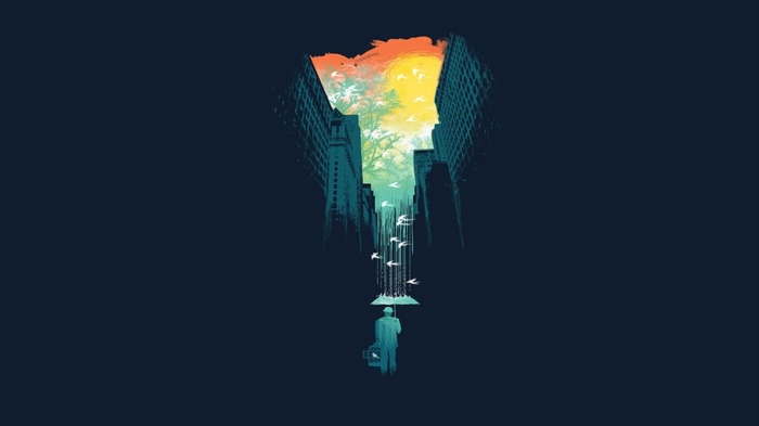 Minimalist cityscape with birds and a man with an umbrella