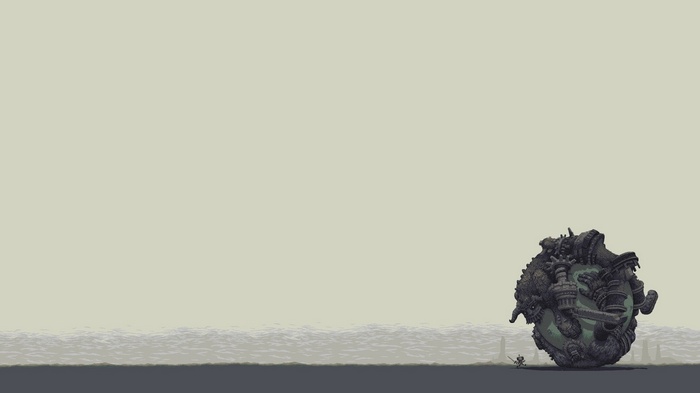 Pixel art of a giant rolling creature and a small warrior