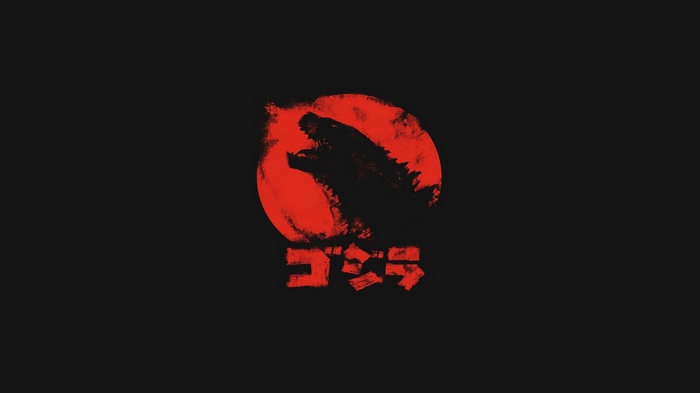 Godzilla silhouette against a red circle