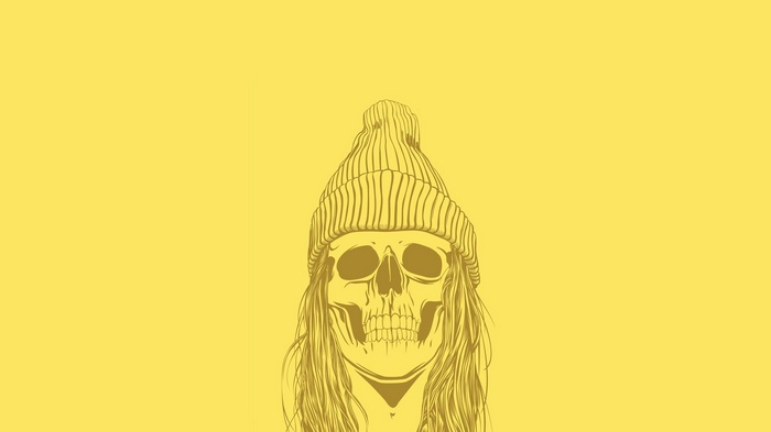 Skull wearing a beanie with long hair