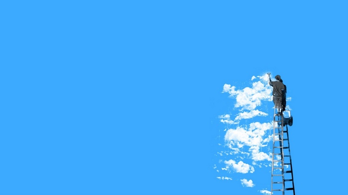 Minimalist scene of a person painting clouds on a blue sky