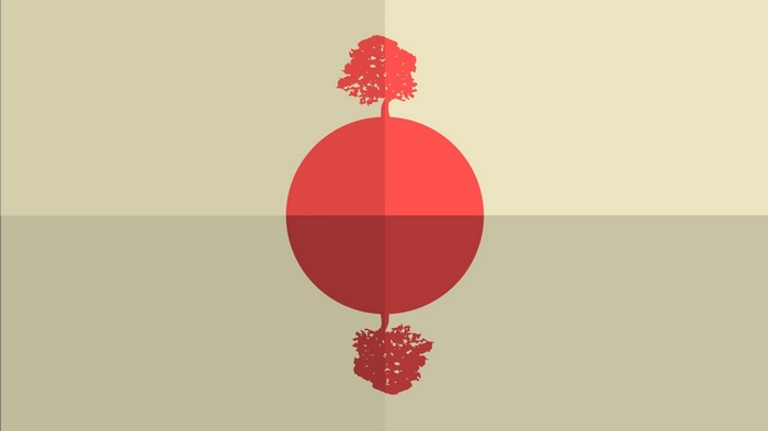 Minimalist red tree on a red circle with reflection