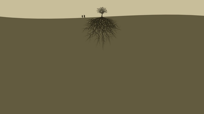 Minimalist tree with large roots and two people