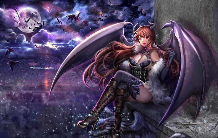 Anime girl with wings and horns at night