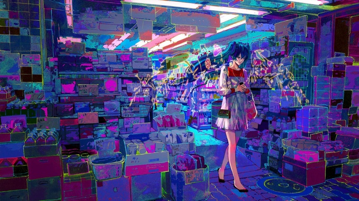 Hatsune Miku in a brightly lit convenience store