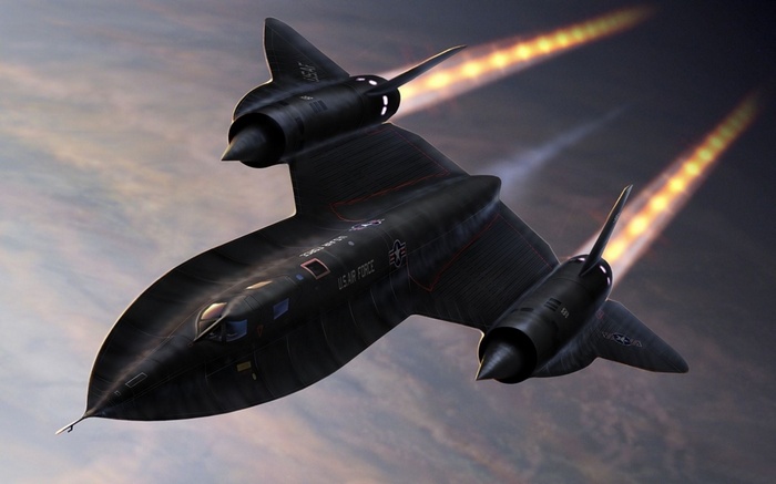 Lockheed SR-71 Blackbird aircraft flying with engine exhaust