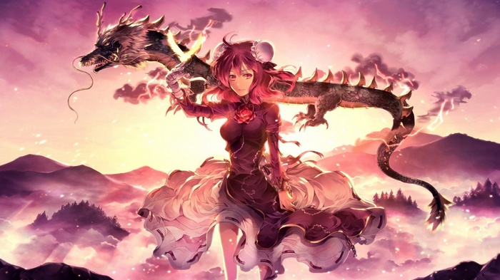 Anime girl with pink hair and dragon in clouds