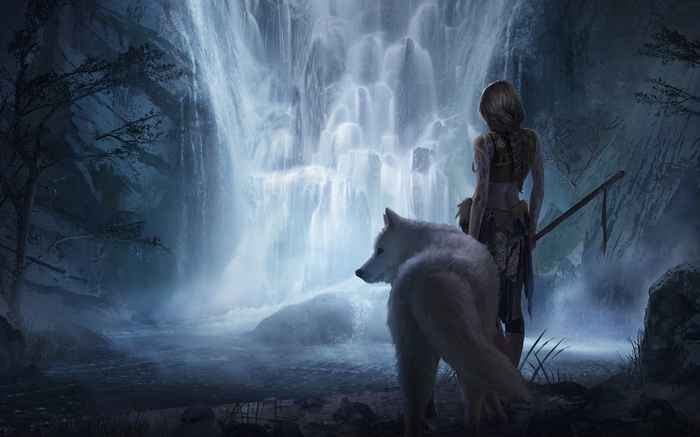 Fantasy art of a woman and wolf by a waterfall