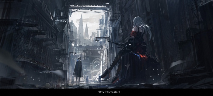 Archer Natus and companion in a rainy city street