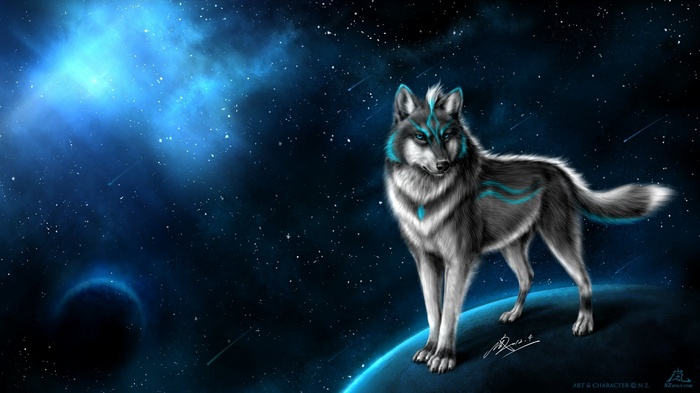 Fantasy wolf standing on a planet in space
