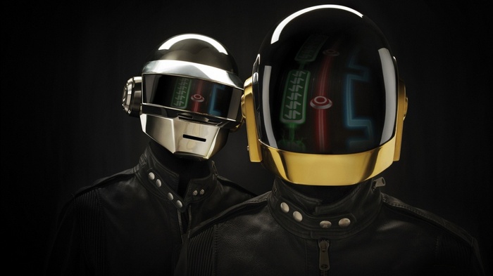 Daft Punk duo wearing helmets and jackets
