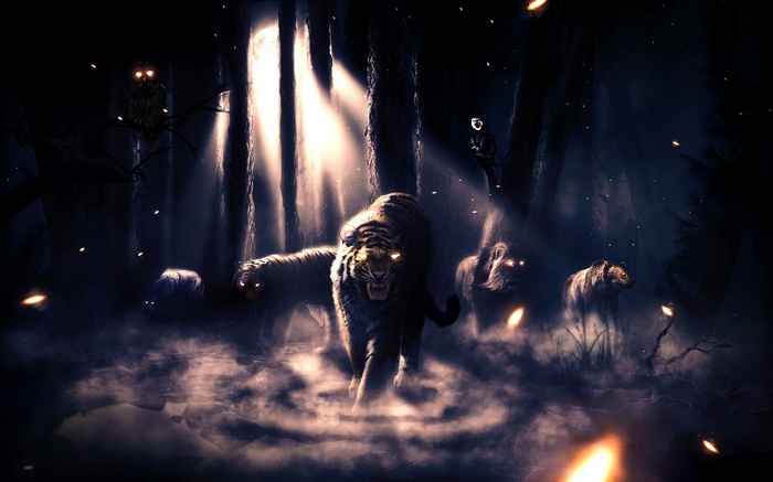 Tigers and owls in a dark fantasy forest