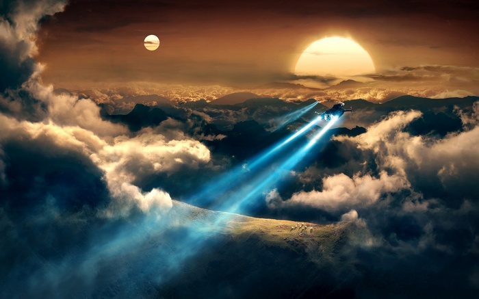 Spaceship flying through clouds during sunset with two suns