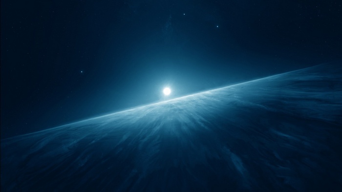 Blue planet horizon with bright sun and stars