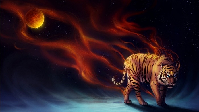 Tiger with fiery aura and a planet in space