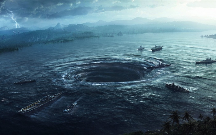 Artwork of a whirlpool with ships in the sea