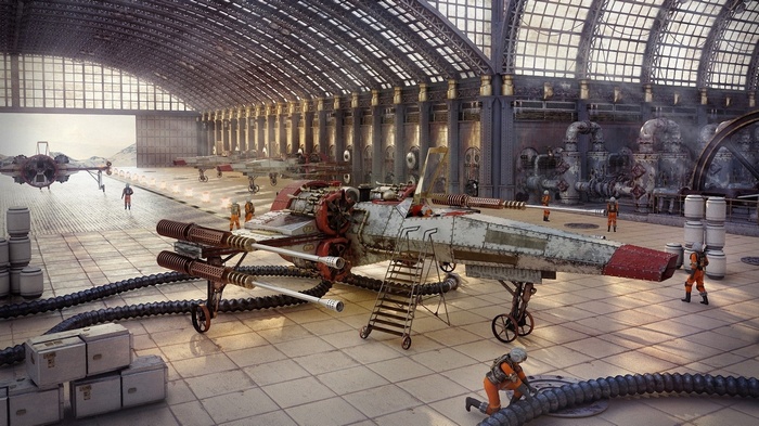 Star Wars X-wing fighters in a steampunk hangar