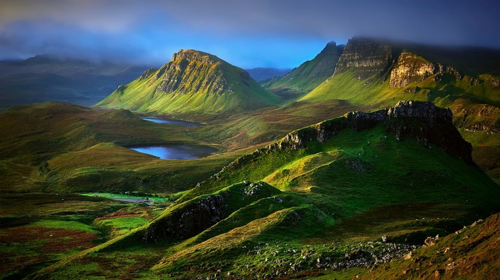 Scotland, nature, lake, UK, clouds, hills, grass, landscape, Skye, rock, mountains