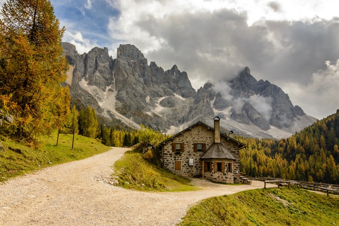 mountains, snow, landscape, hills, Dolomites (mountains), clouds, house, Italy, dirt road, trees, path, forest, nature
