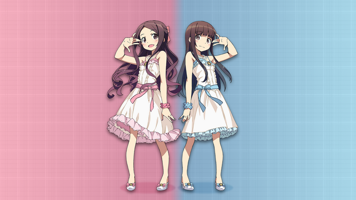 Anime girls ClariS in white dresses on pink and blue background