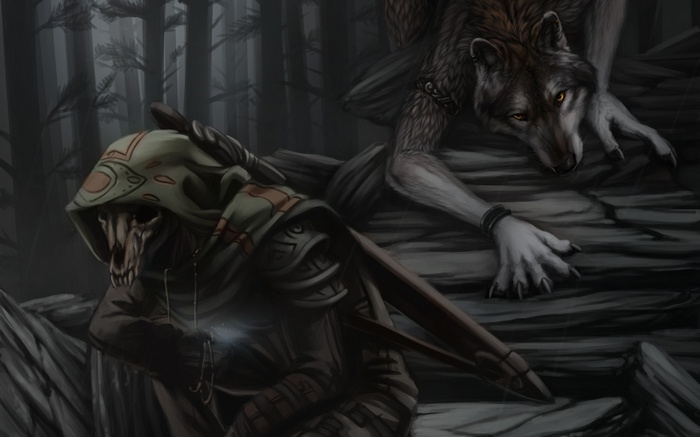 A creature and a wolf in a dark forest