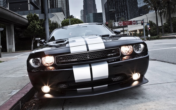 Black Dodge Challenger SRT with white stripes