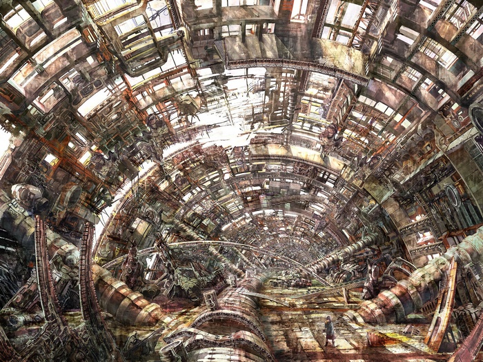 Apocalyptic fantasy art of a detailed industrial tunnel