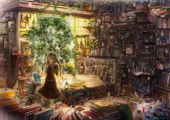 Anime girl in a cluttered room filled with books and plants