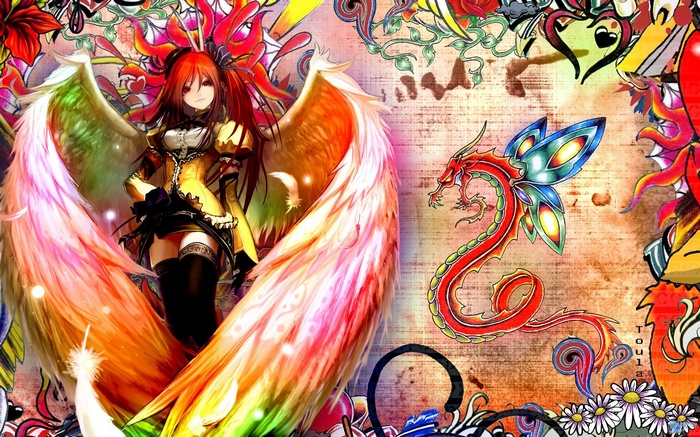 Anime girl with wings and a dragon