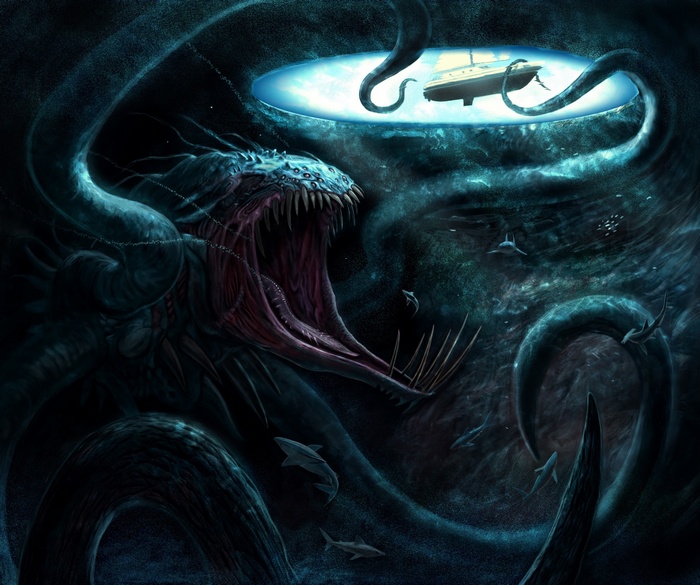 Giant sea creature attacking a boat
