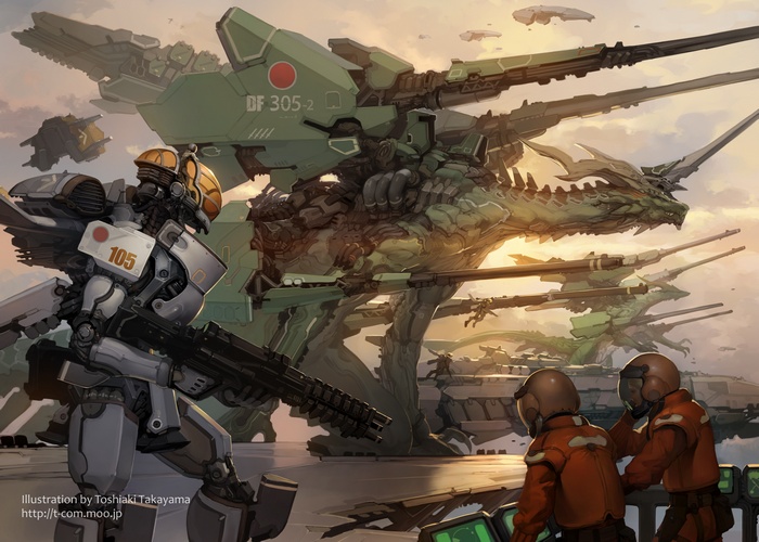 Mechs and a dragon with military vehicles