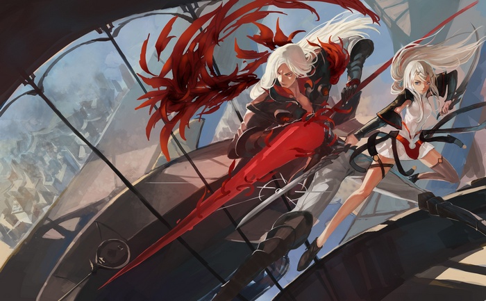 Anime characters with swords and red wings