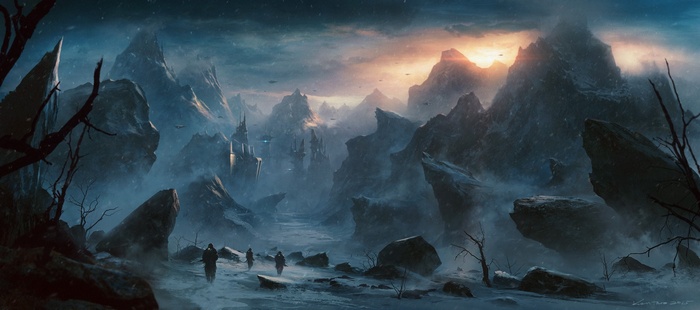 Soldiers walk through a snowy mountain landscape towards a city at sunset
