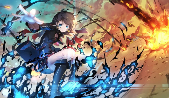 Anime girl with black boots and explosion background