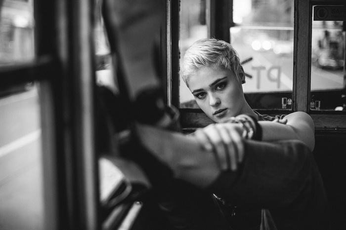 blonde, depth of field, short hair, vehicle interiors, looking at viewer, high heels, Stefania Ferrario, face, model, monochrome, women