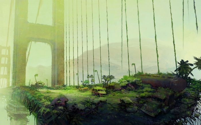 Post-apocalyptic Golden Gate Bridge overgrown with vegetation