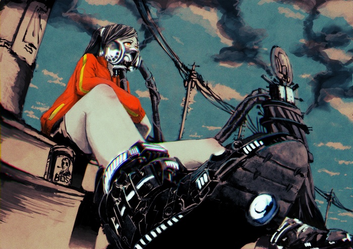 Anime girl with gas mask sitting on structure