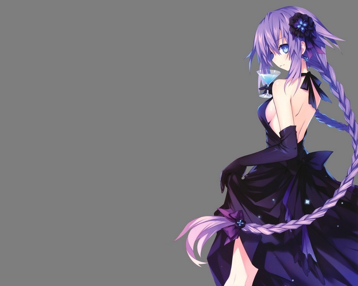 Purple Heart in a black dress holding a drink