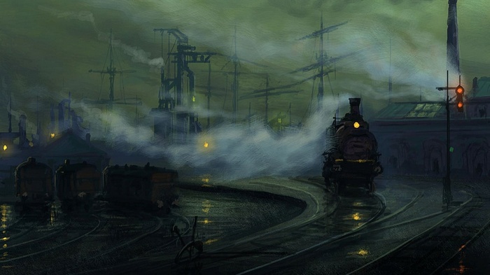 Artwork of a steam locomotive in a foggy rail yard
