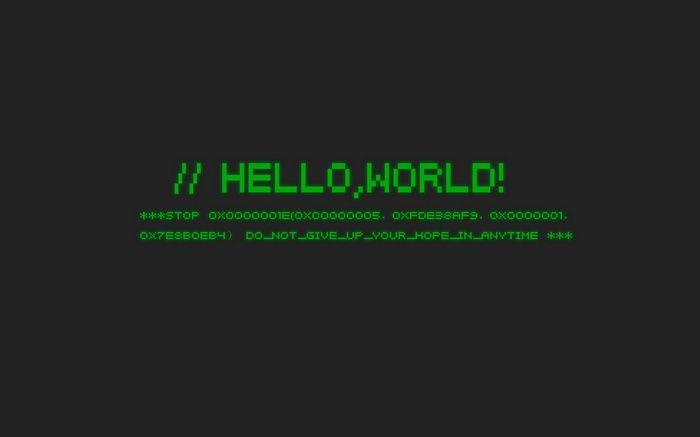Green text "HELLO, WORLD!" on a dark background