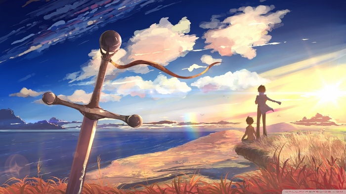 Anime sword and two figures by the sea at sunset