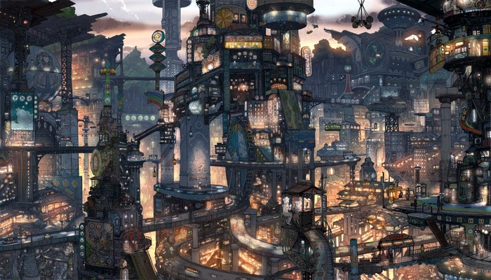 Futuristic cyberpunk city illustration with anime style