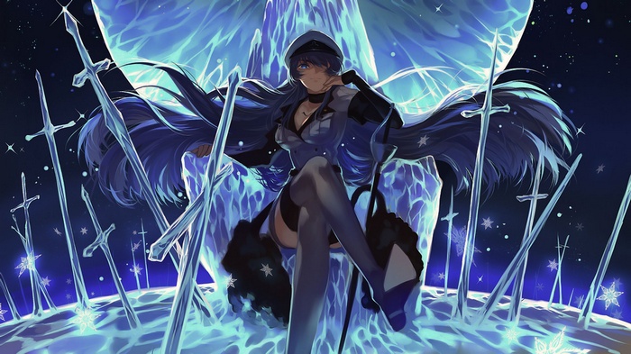 Esdeath on an ice throne surrounded by swords