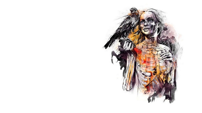 Woman with skeleton and raven