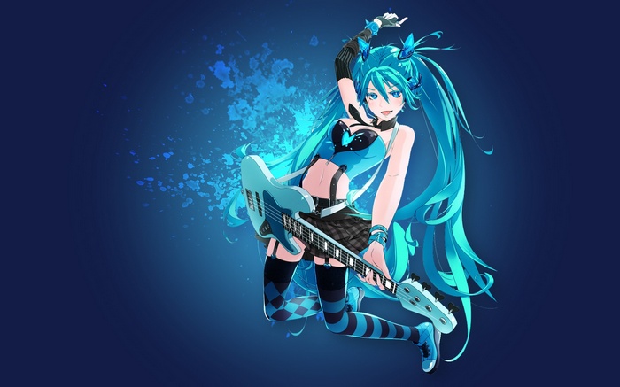 Hatsune Miku playing a blue guitar