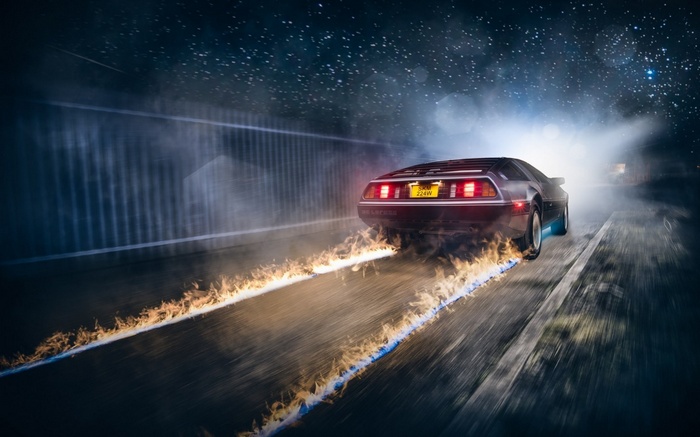 DeLorean car leaving a trail of fire under the stars