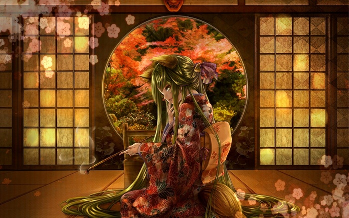 Anime Fox Girl in a Kimono Smoking a Pipe