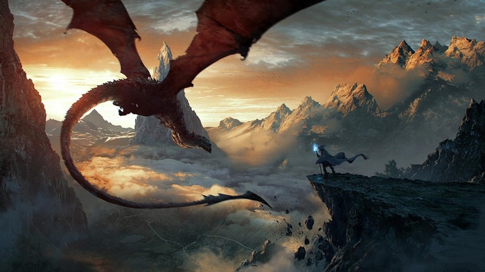 Dragon and wizard in a mountain landscape